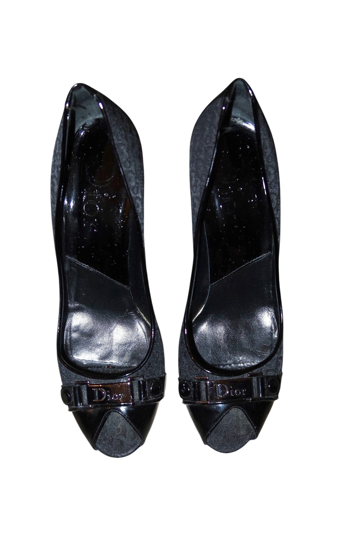 Dior black monogram peep toe heels with silver logo hardware (41)