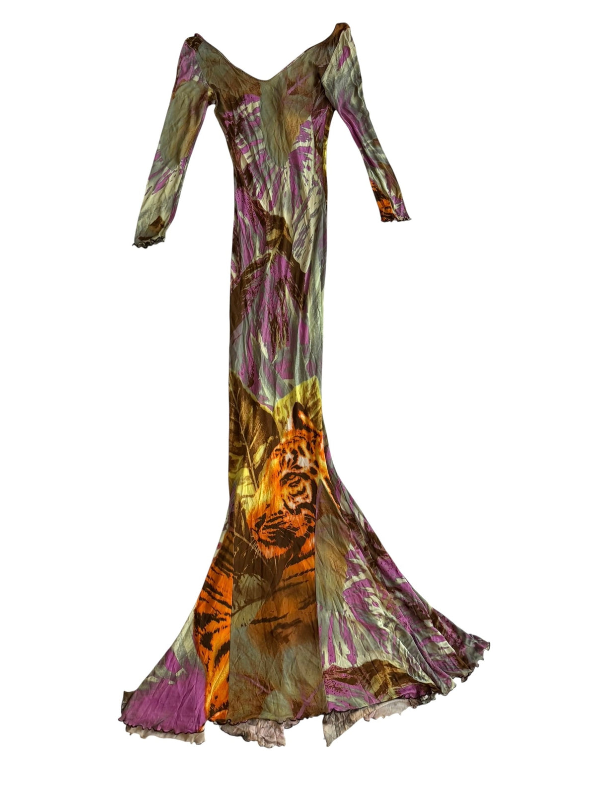 Roberto Cavalli maxi dress with tiger print and purple tones