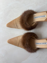 Manolo Blahnik EU 39.5 Tan Pony Hair Fur Trim Pointed Toe Kitten Heel Mule