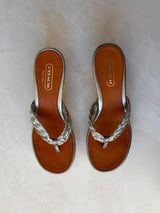 Coach US 7 Silver Monogram Canvas Raffia Platform Thong Wedge Sandal