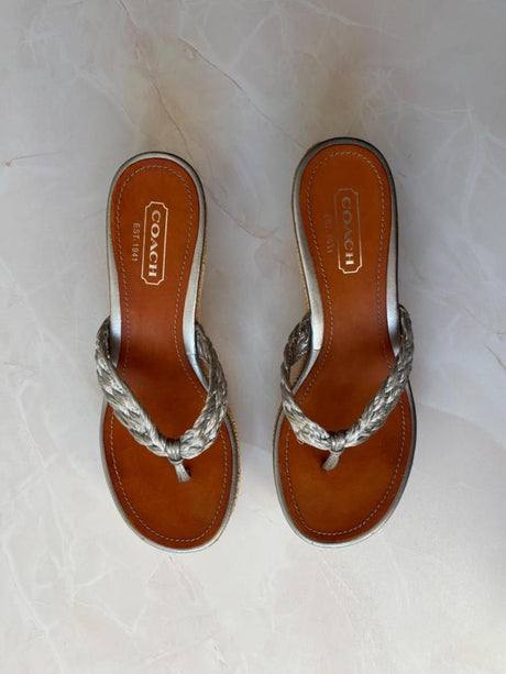 Coach US 7 Silver Monogram Canvas Raffia Platform Thong Wedge Sandal