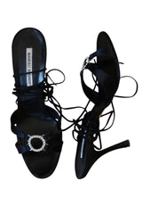 Manolo Blahnik black satin heels with crystal buckle embellishment (38.5)