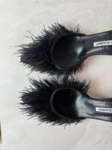 Manolo Blahnik EU 39 Black Satin Ostrich Feather Pointed Mule