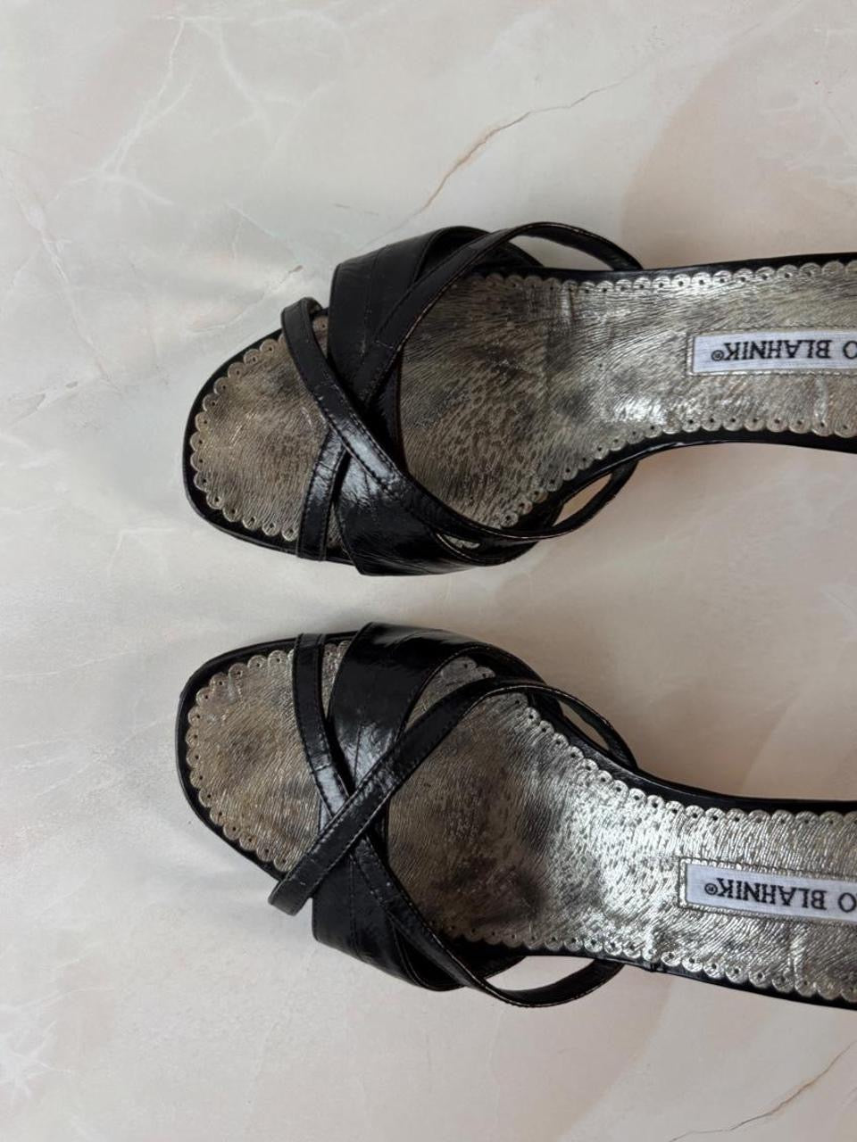Manolo Blahnik EU 37.5 Black Leather Crossover Strap Open Toe Kitten Heel Mule
