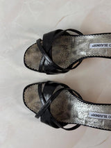 Manolo Blahnik EU 37.5 Black Leather Crossover Strap Open Toe Kitten Heel Mule
