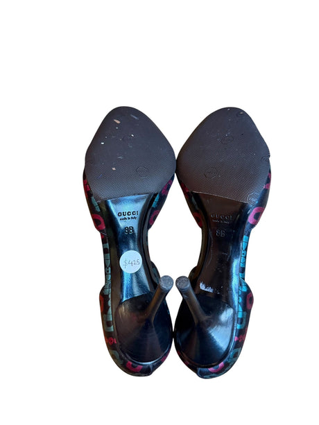 Gucci satin d’orsay black burgundy green horsebit print heels (8B)