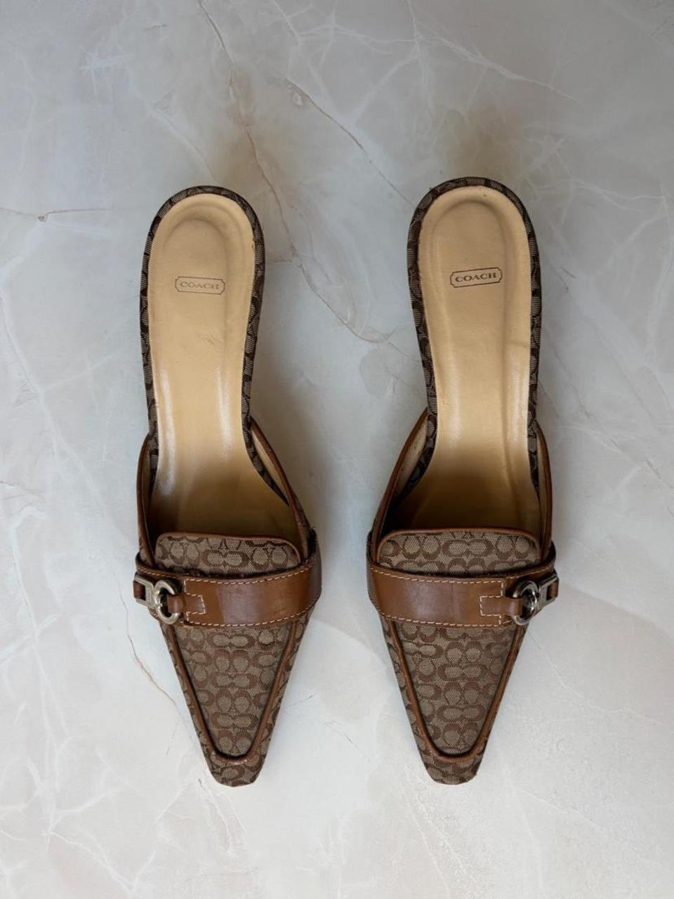 Coach US 7 Tan and Brown Monogram Canvas Pointed Mule