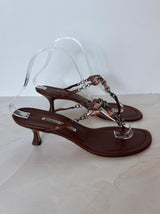 Manolo Blahnik EU 38 Chocolate Brown Leather Thong Sandal Kitten Heel