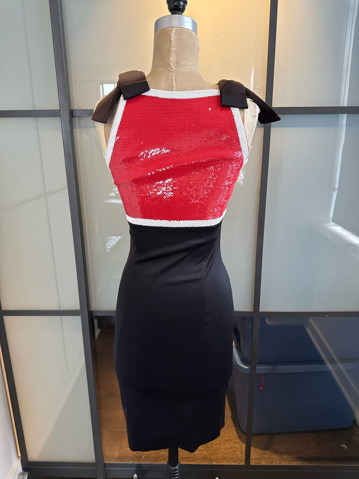 Moschino Black & Red SHOP Stretch Satin Pencil Dress
