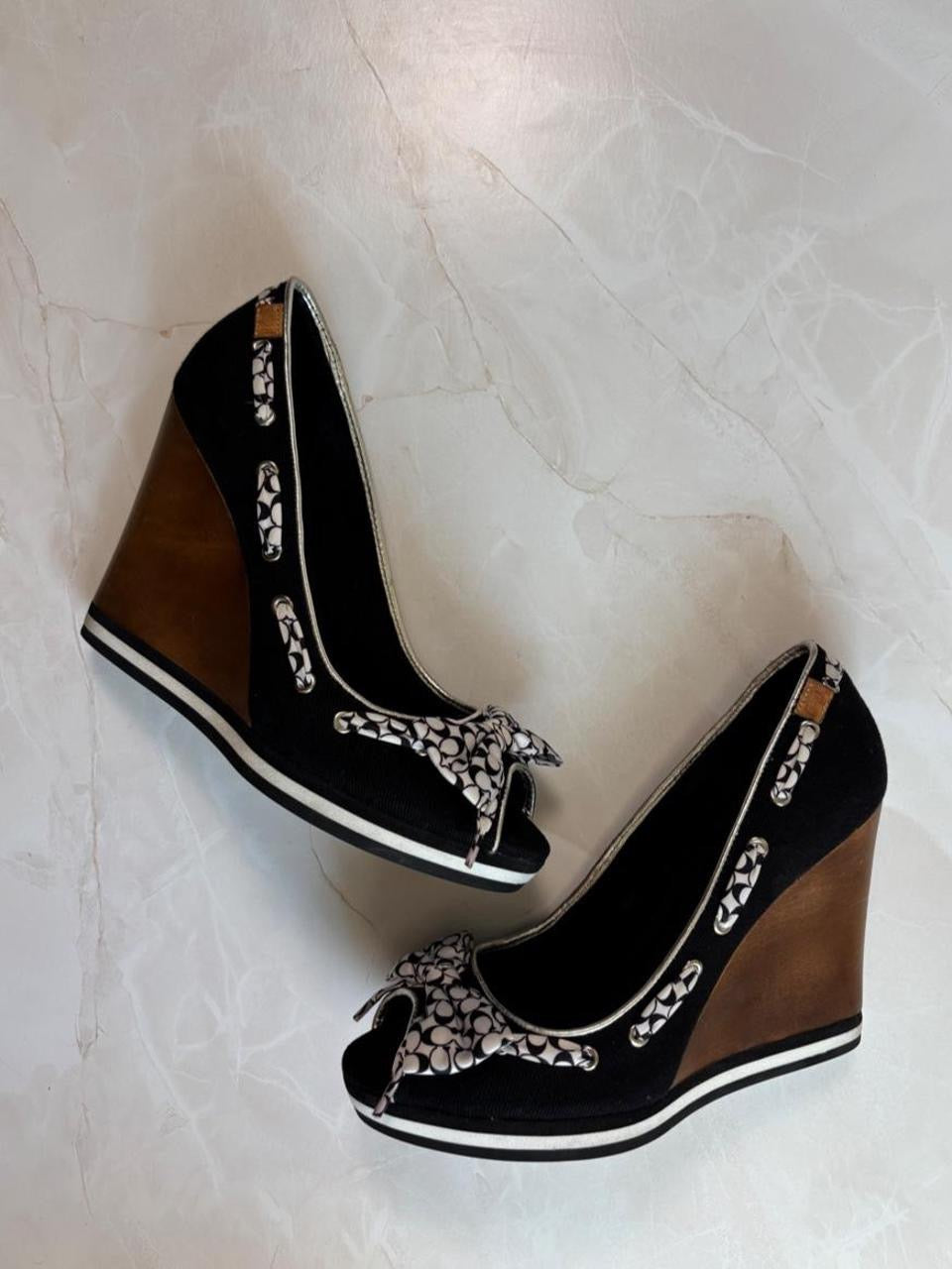 Coach US 7 Black White Monogram Canvas Wedge Sandal