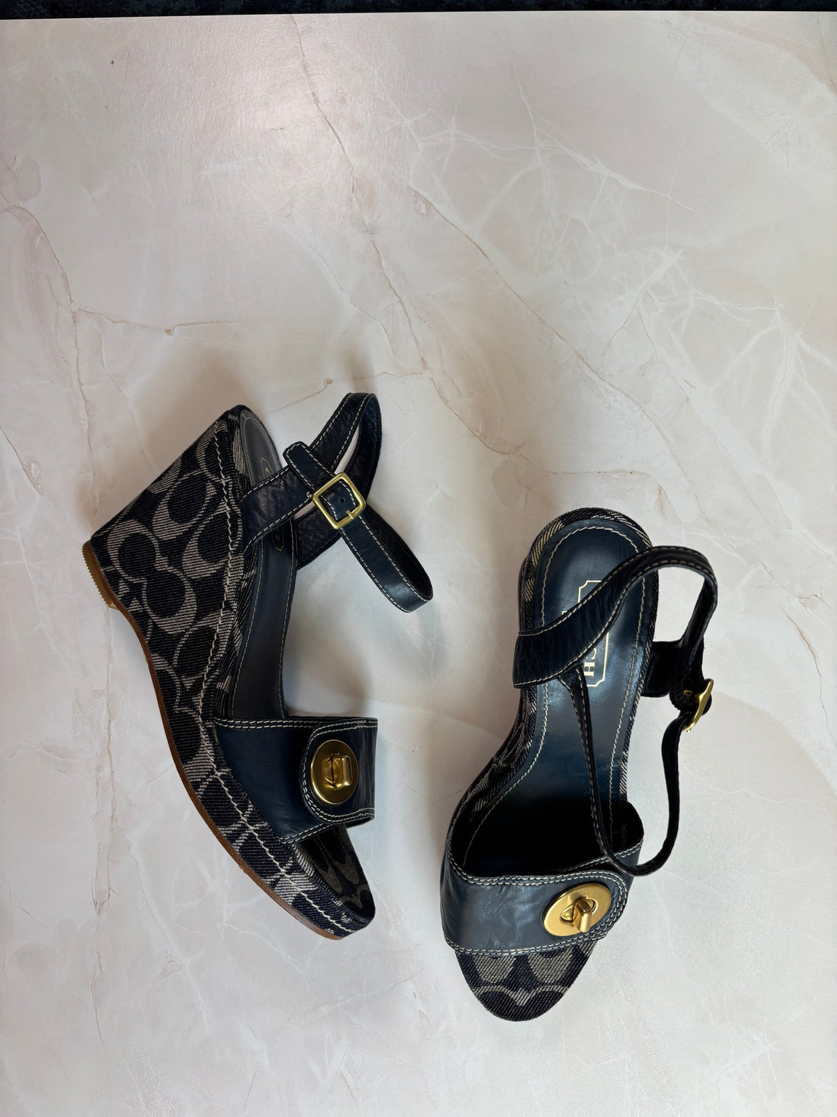 Coach US 8.5 Navy Monogram Canvas Ankle Strap Chunky Platform Wedge