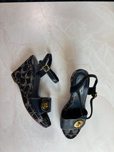 Coach US 8.5 Navy Monogram Canvas Ankle Strap Chunky Platform Wedge