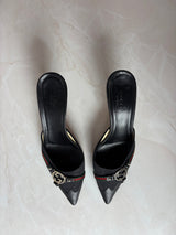 Gucci US 7.5 Black Leather Pointed Toe GG Buckle Mule