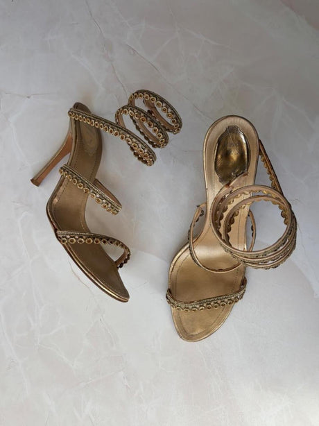 René Caovilla EU 39.5 Gold Satin Beaded Coil Ankle Wrap Stiletto Sandal