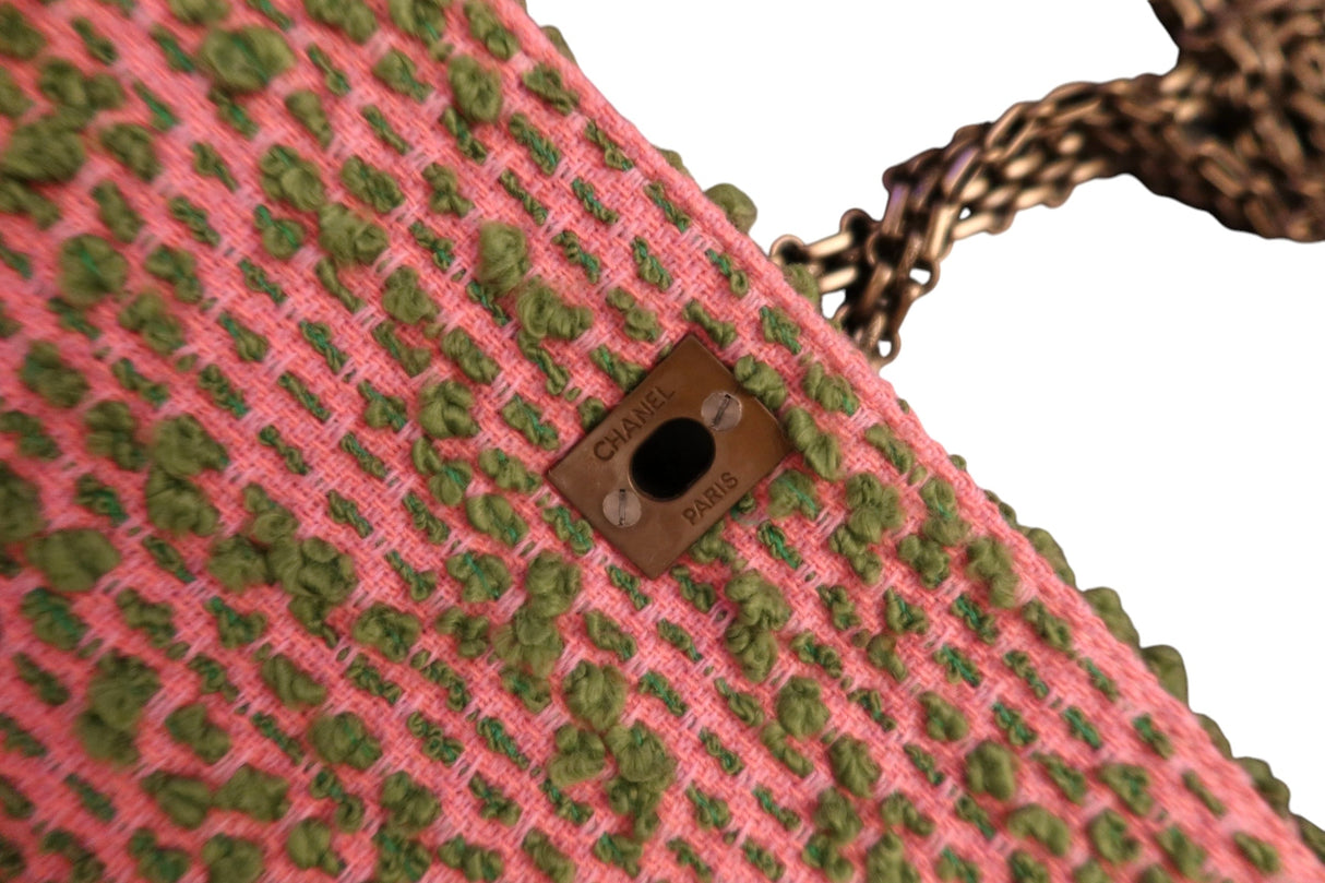 Rare Chanel flap bag quilted in pink and green tweed, reissue chain