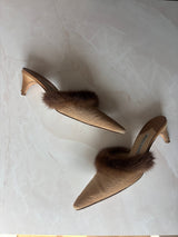 Manolo Blahnik EU 39.5 Tan Pony Hair Fur Trim Pointed Toe Kitten Heel Mule