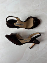 Manolo Blahnik EU 38 Chocolate Brown Suede Pleated Peep Toe Slingback