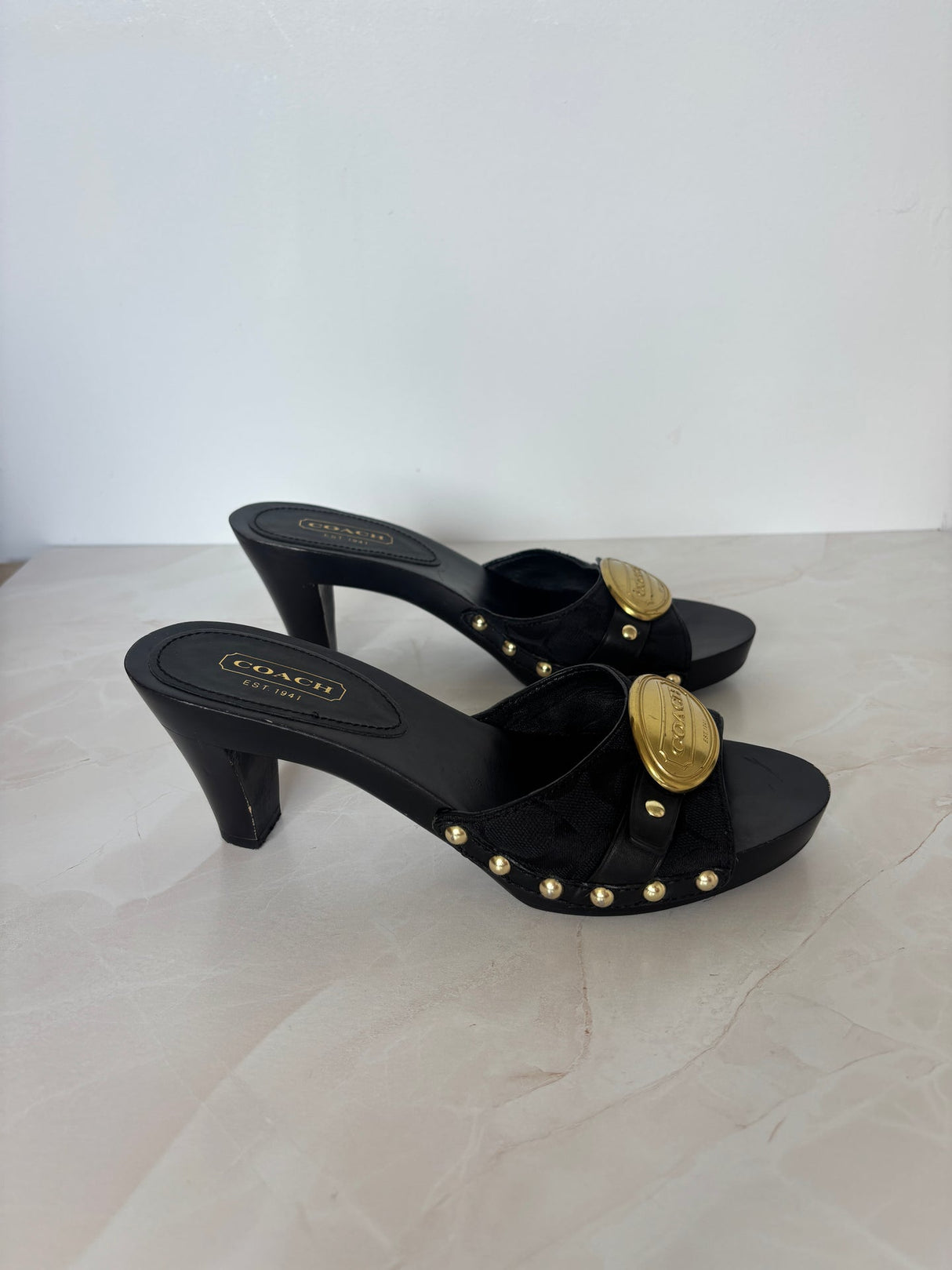 Coach US 8 Black Fabric and Leather Block Heel Mule