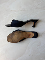 Manolo Blahnik EU 38.5 Denim Fringe Buckle Peep Toe Kitten Heel Mule
