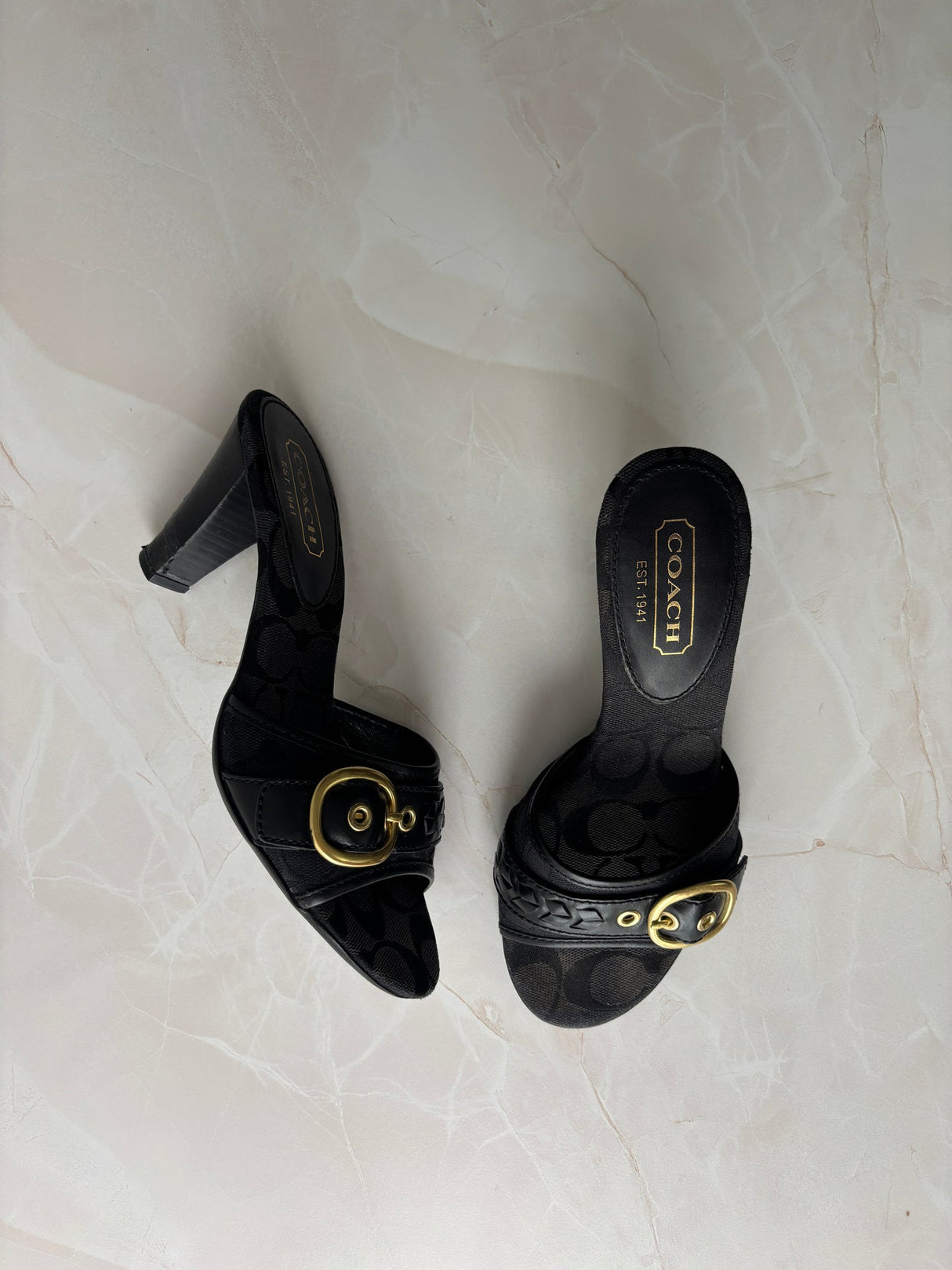 Coach US 6 Black Monogram Canvas Open-toe Block Heel Mule