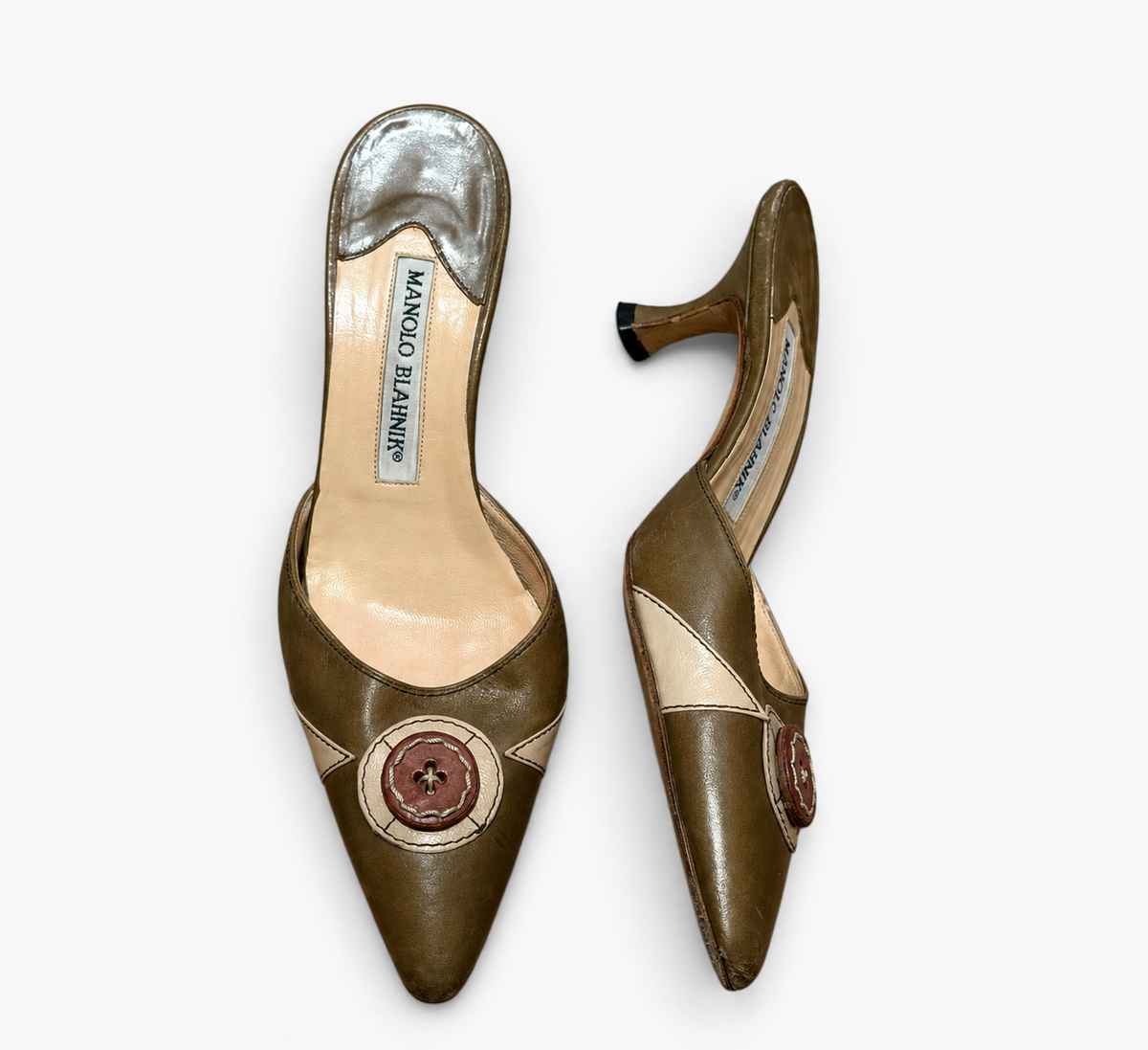 Manolo Blahnik olive mules with brown button details (35.5)