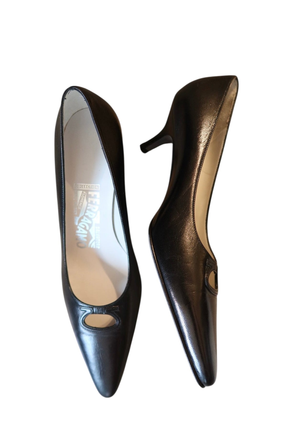 Salvatore Ferragamo black kitten heels with logo detail (6.5)