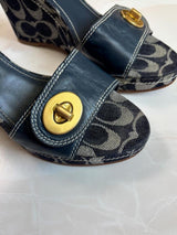 Coach US 8.5 Navy Monogram Canvas Ankle Strap Chunky Platform Wedge