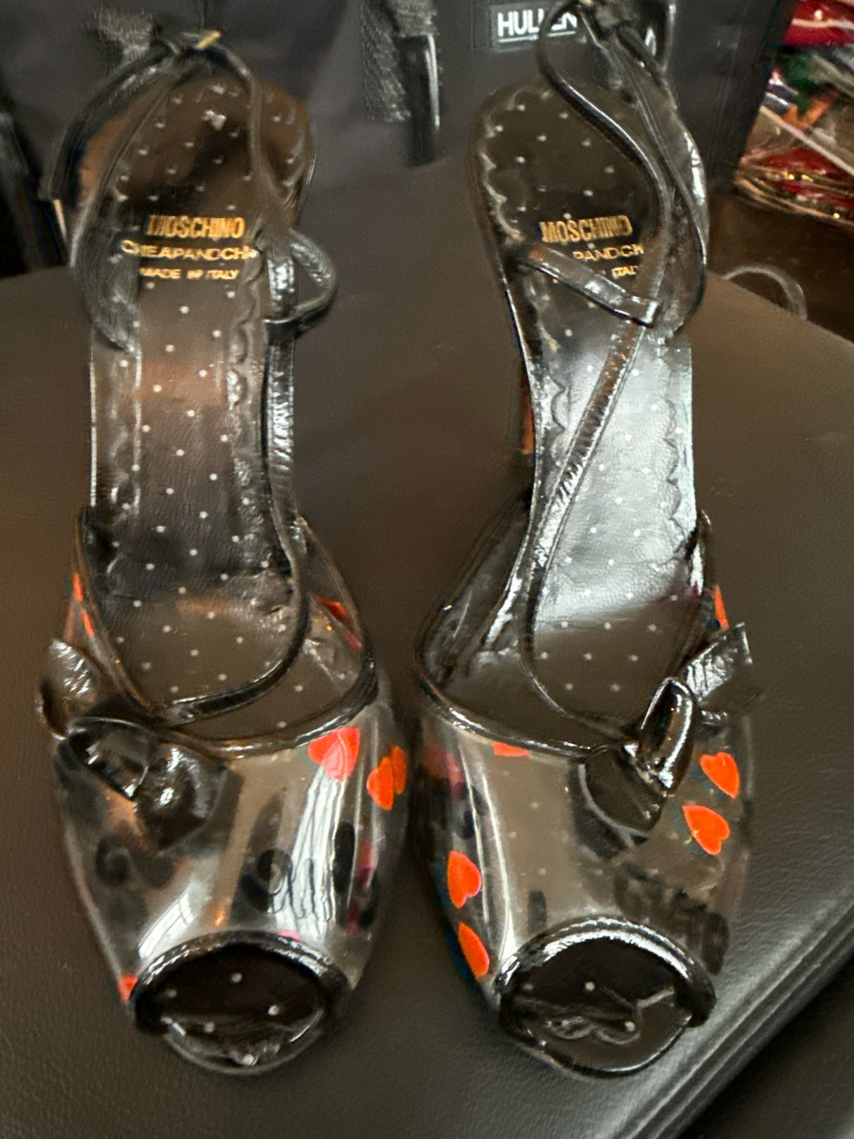 Moschino 38 1/2 Black & Red PVC & Leather Trim Heart Slingbacks Heels Shoes