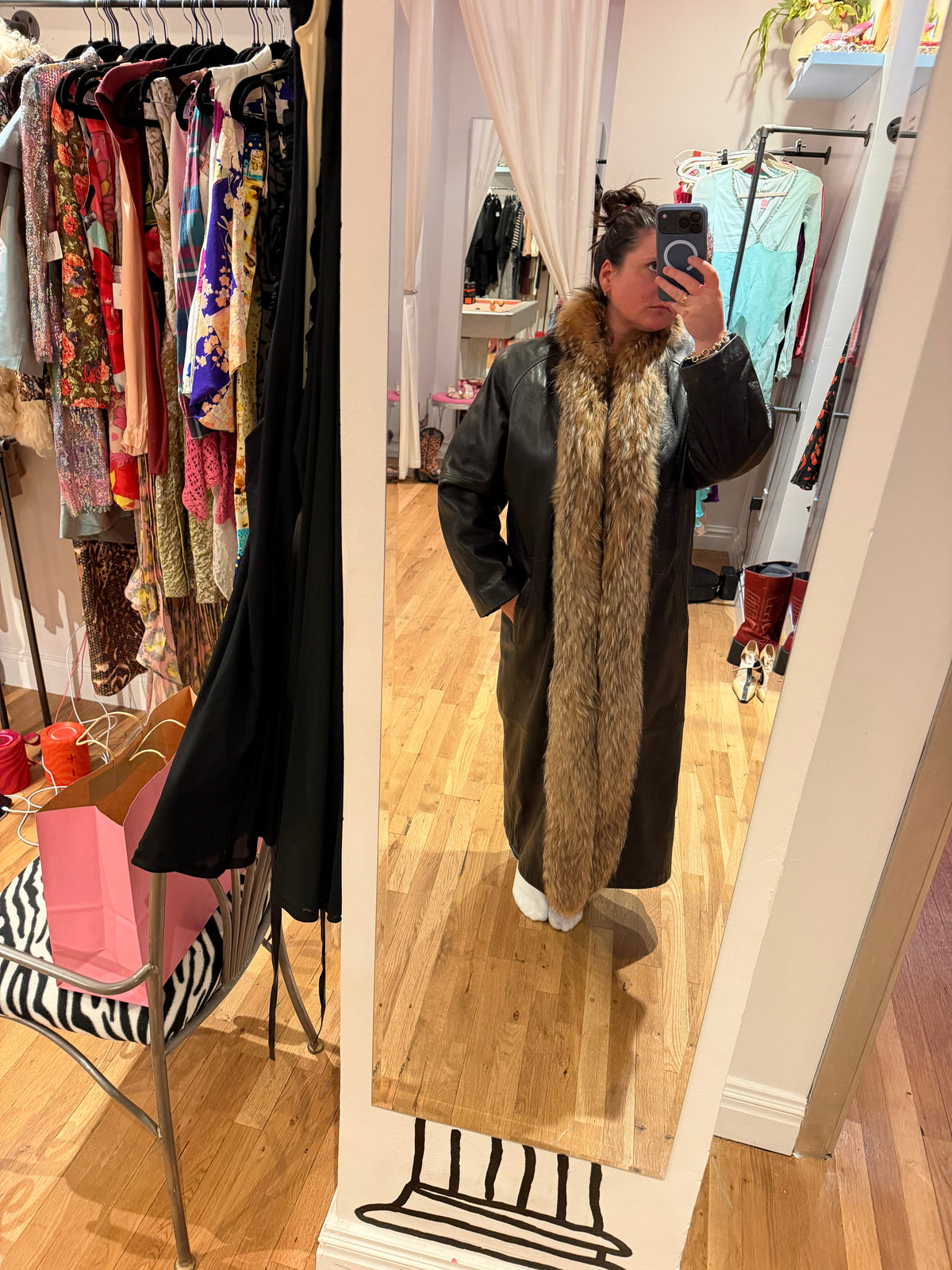 100% leather duster with fox fur trim
