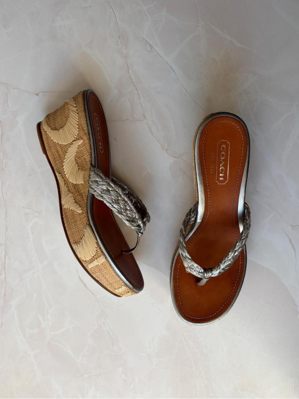 Coach US 7 Silver Monogram Canvas Raffia Platform Thong Wedge Sandal