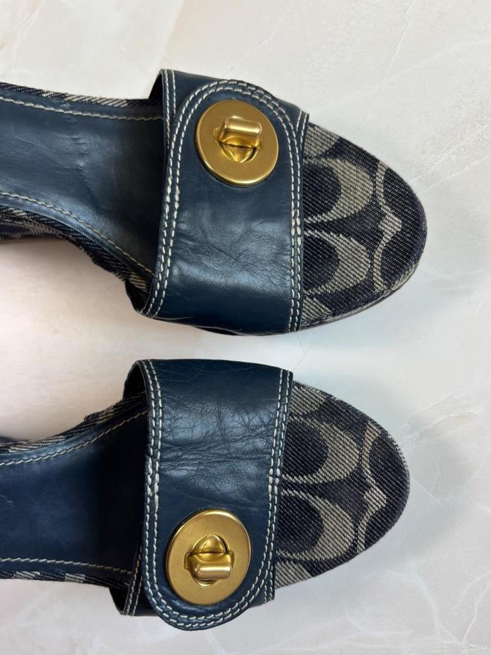 Coach US 8.5 Navy Monogram Canvas Ankle Strap Chunky Platform Wedge