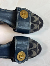 Coach US 8.5 Navy Monogram Canvas Ankle Strap Chunky Platform Wedge