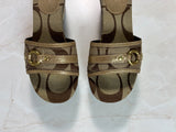 Coach US 7.5 Tan and Brown Monogram Canvas Open-toe Wedge Slide