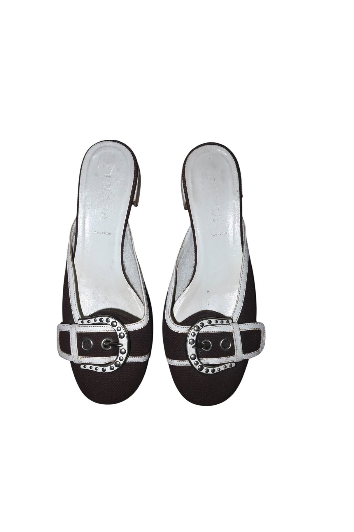 Prada brown canvas round toe mules with white buckles (37)