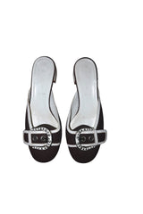 Prada brown canvas round toe mules with white buckles (37)