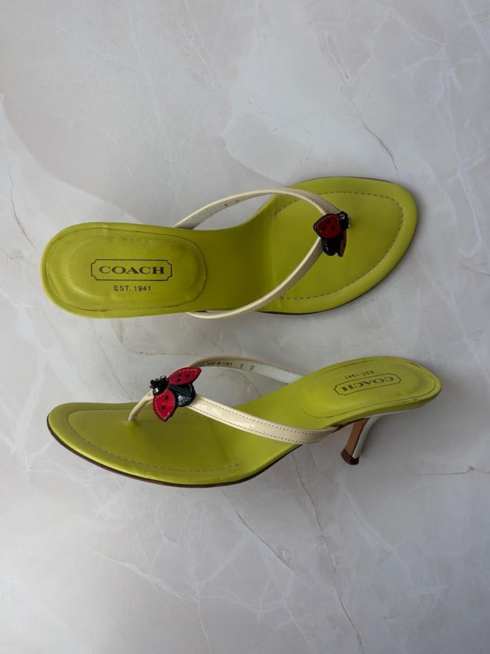 Coach US 9 Rare Ladybug Green Leather Thong Sandal