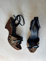 Coach US 9 Tan/brown Monogram C Canvas Open Toe Wooden Wedge