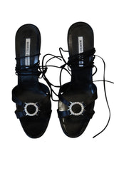 Manolo Blahnik black satin heels with crystal buckle embellishment (38.5)