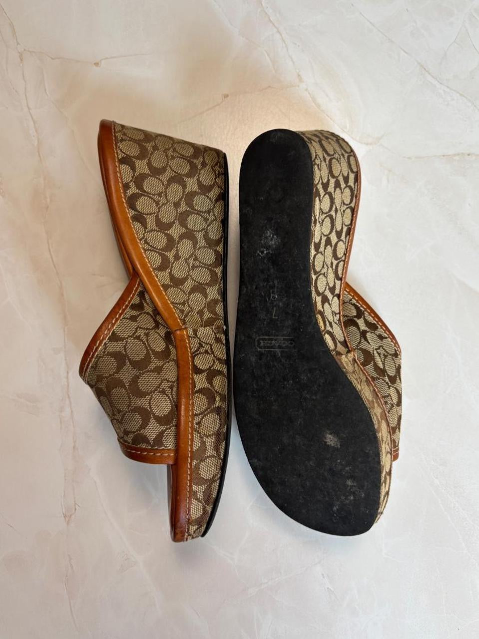 Coach US 7 Tan Brown Monogram Canvas Wedge Slide Sandal