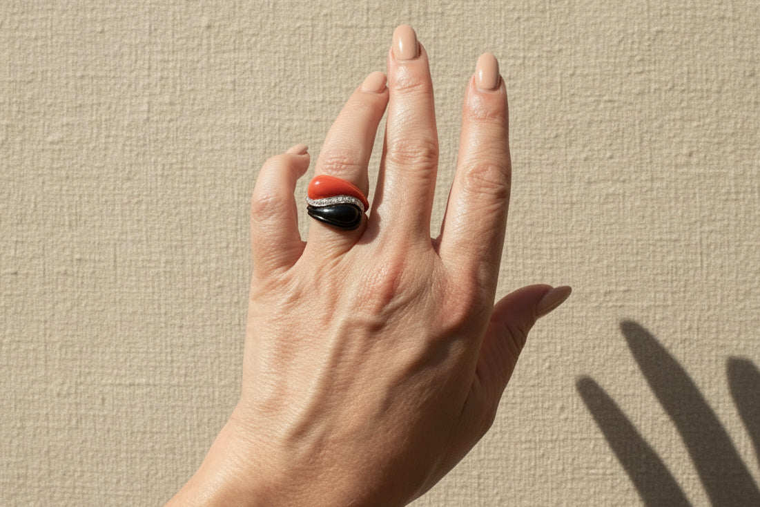 14K Gold, Coral and Onyx Moi & Toi Inspired Ring