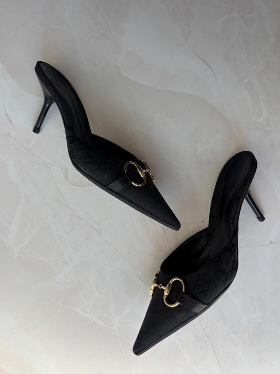 Gucci US 6 Black GG Monogram Canvas Pointed Toe Mule