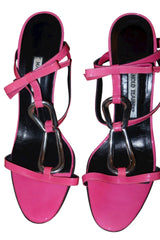 Manolo Blahnik hot pink heels with geometric hardware and bow details (39.5)
