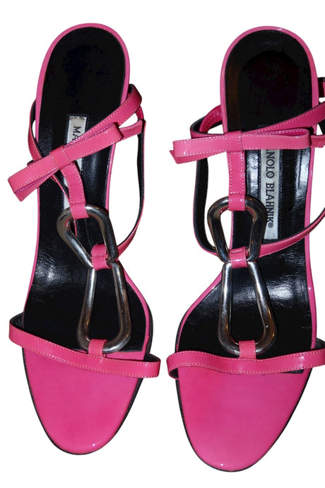 Manolo Blahnik hot pink heels with geometric hardware and bow details (39.5)