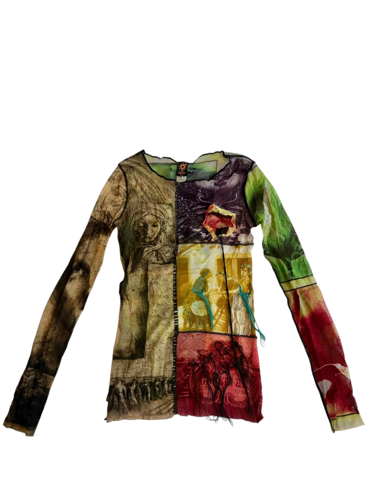 Jean Paul Gaultier 1998 soleil multi print long sleeve mesh top (S)