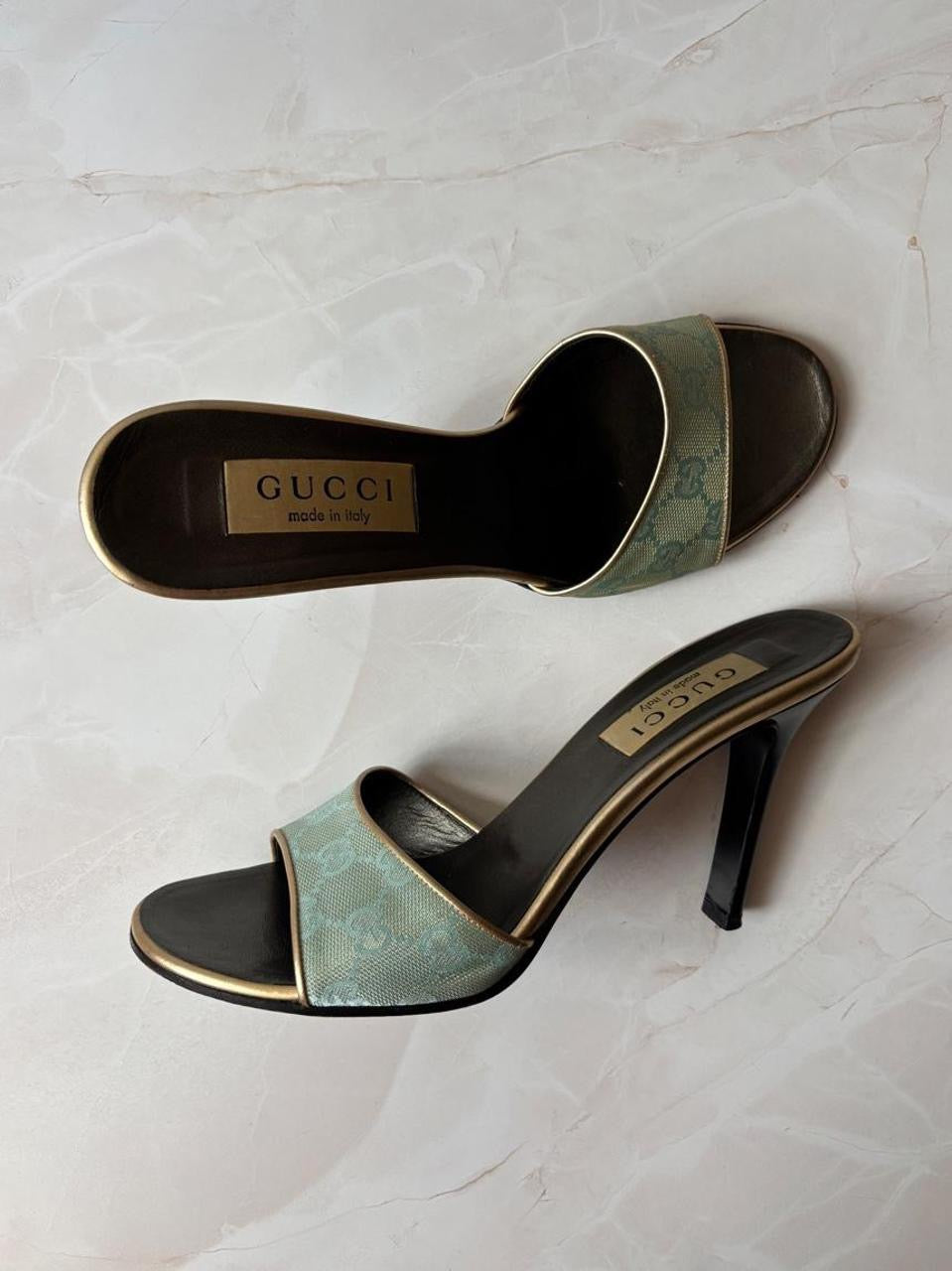 Gucci US 9.5 90s Monogram Canvas Open Toe Mules