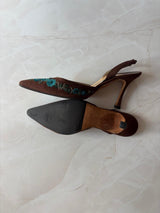 Manolo Blahnik EU 37.5 Brown Floral Embroidered Pointed Toe Slingback