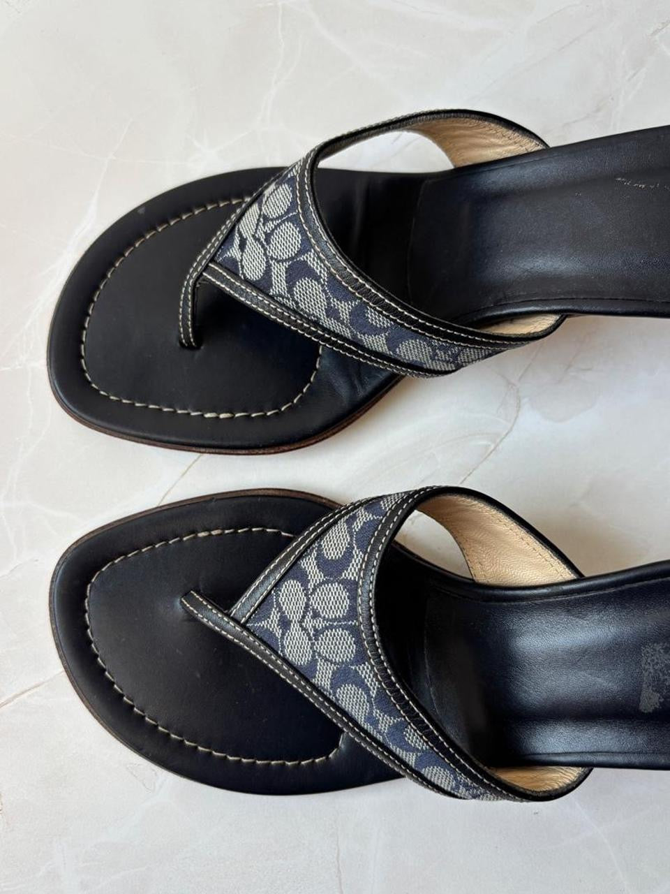 Coach US 9.5 Navy Monogram Canvas Thong Sandal