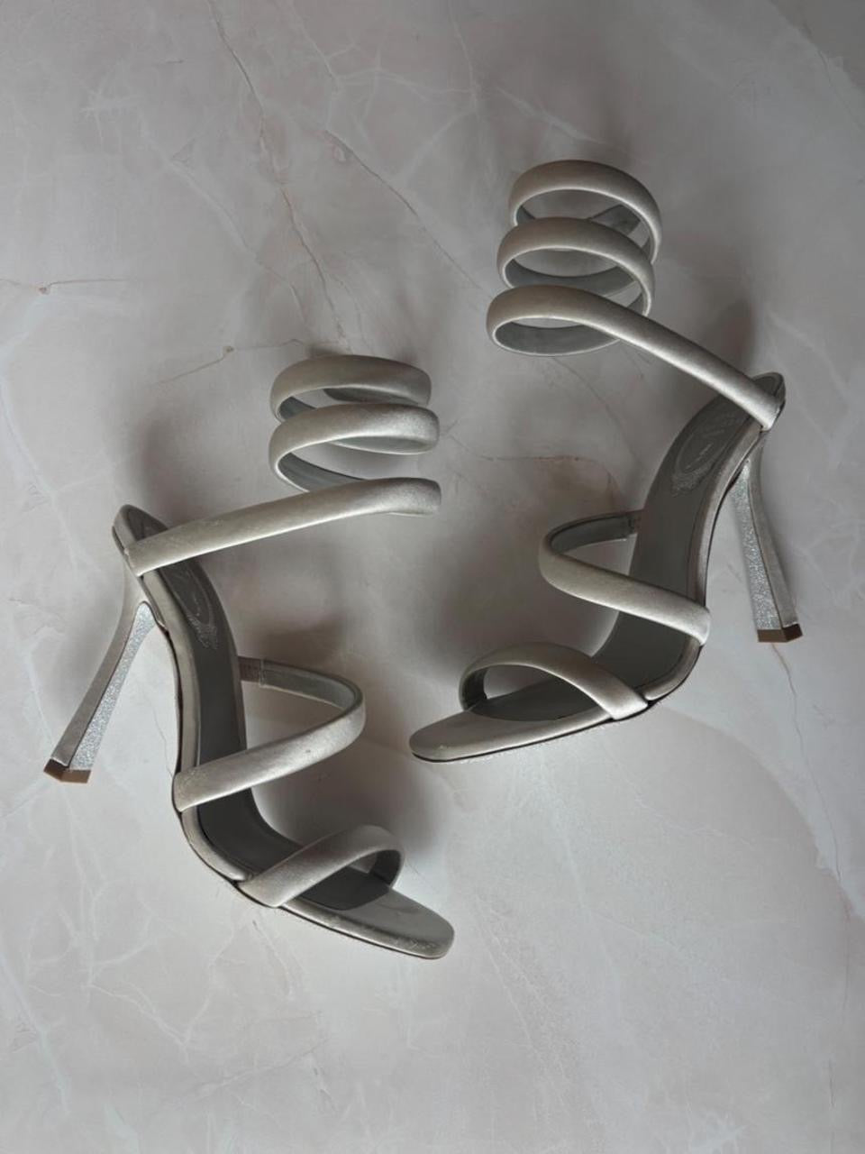 René Caovilla EU 37 Silver Satin Snake Coil Ankle Wrap Stiletto Sandal