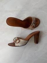 Coach US 6 White and Cream Logo Peep Toe Kitten Heel Sandal