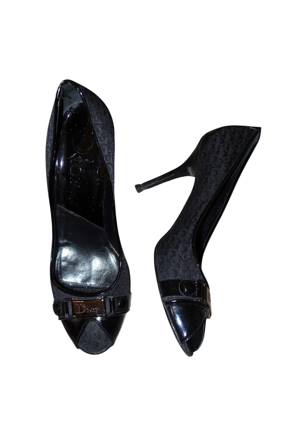Dior black monogram peep toe heels with silver logo hardware (41)